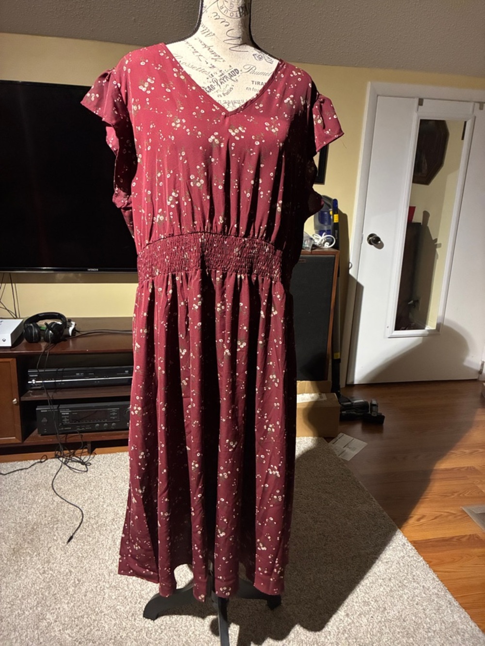 Women’s Burgundy Floral V-Neck Smocked Waist Dress
